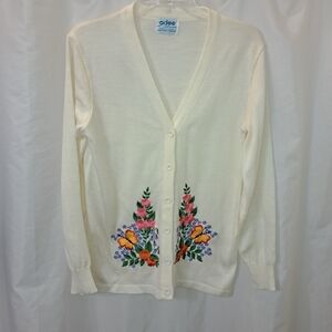 Vintage No Tag Fits Medium Cream Floral Embroidered Cardigan Spring Cardigan